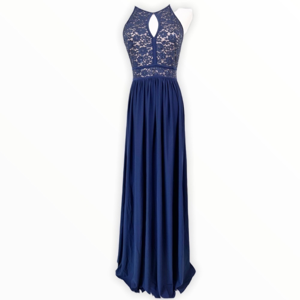 MORGAN & Co Prom Formal Dress Keyhole Front Halter Lace Sequins Navy 3/4